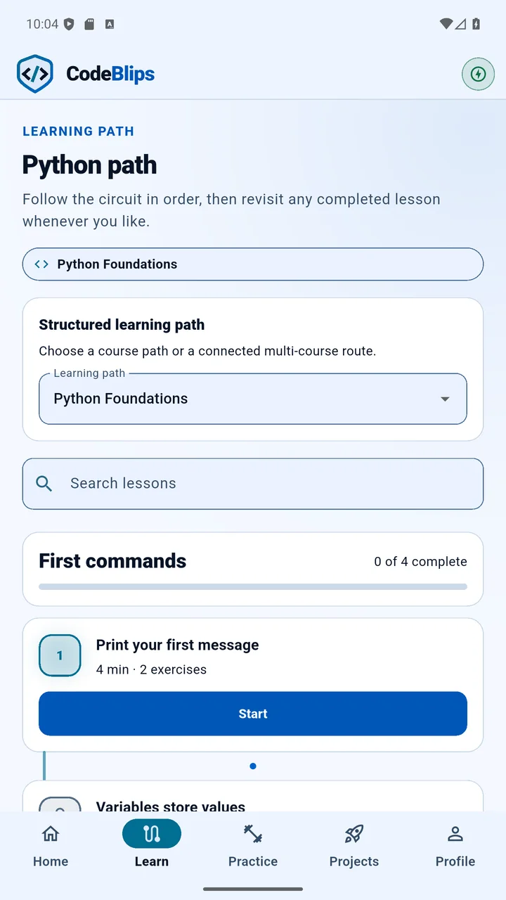 CodeBlips Code Circuit showing a structured Python learning path