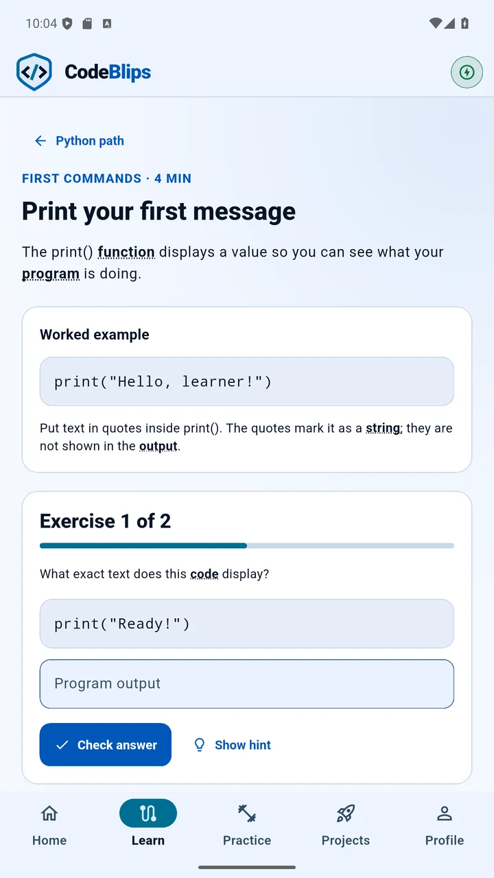 A CodeBlips lesson with a worked code example and exercise