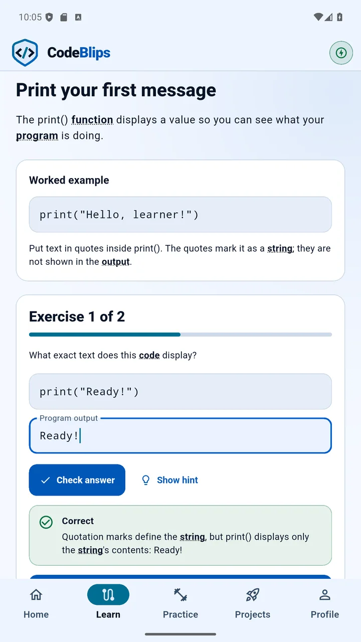 CodeBlips showing supportive feedback after an exercise answer